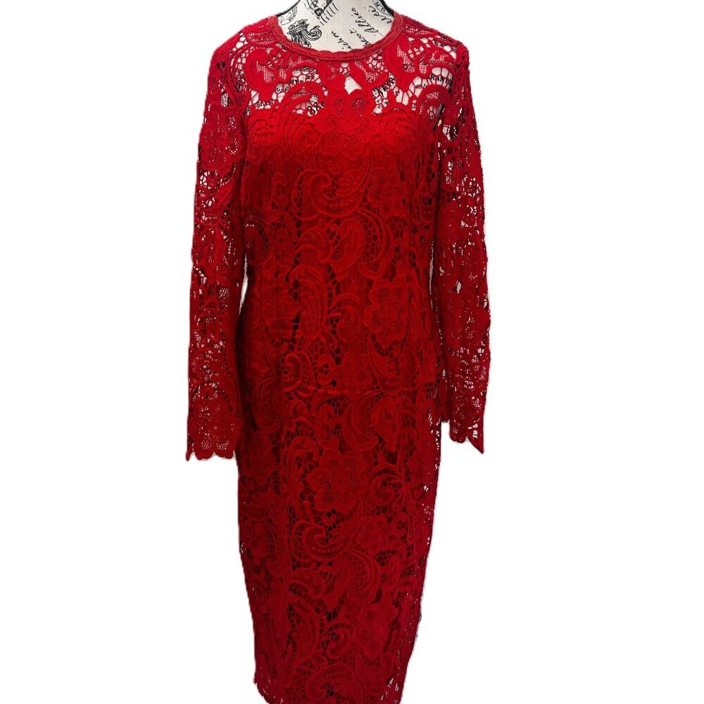 Ella Belle Red Lace Midi Dress 12 Bishop Sleeve Cocktail Sheath